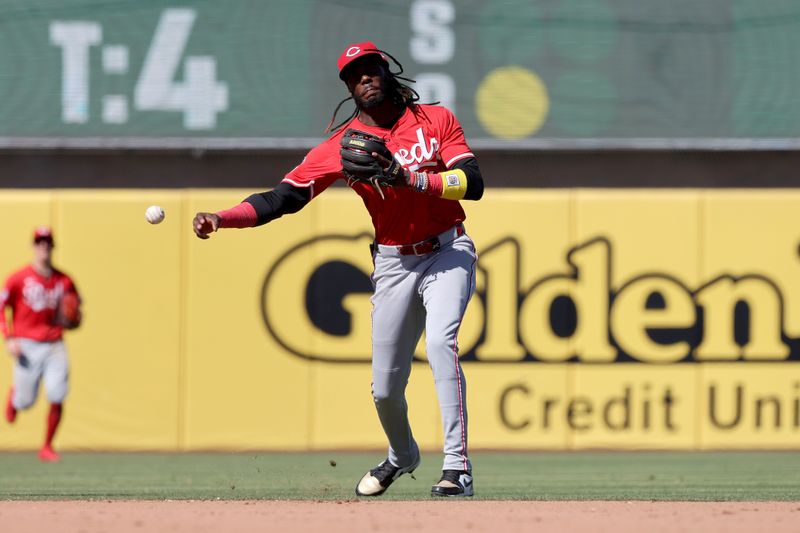 Sep 14, 2025; West Sacramento, California, USA; Cincinnati Reds shortstop Elly De La Cruz (44) throws to first base for an out against the Athletics during the seventh inning at Sutter Health Park. Mandatory Credit: Dennis Lee-Imagn Images