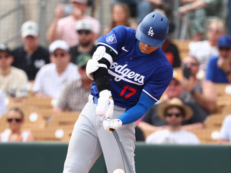 Mar 6, 2024; Phoenix, Arizona, USA; Los Angeles Dodgers designated hitter Shohei Ohtani (17) against the Chicago White Sox during a spring training baseball game at Camelback Ranch-Glendale. Mandatory Credit: Mark J. Rebilas-USA TODAY Sports