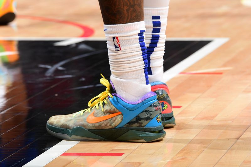 LOS ANGELES, CA - JANUARY 17: The sneakers worn by Montrezl Harrell #5 of the Philadelphia 76ers during the game against the LA Clippers on January 17, 2023 at Crypto.Com Arena in Los Angeles, California. NOTE TO USER: User expressly acknowledges and agrees that, by downloading and/or using this Photograph, user is consenting to the terms and conditions of the Getty Images License Agreement. Mandatory Copyright Notice: Copyright 2023 NBAE (Photo by Adam Pantozzi/NBAE via Getty Images)