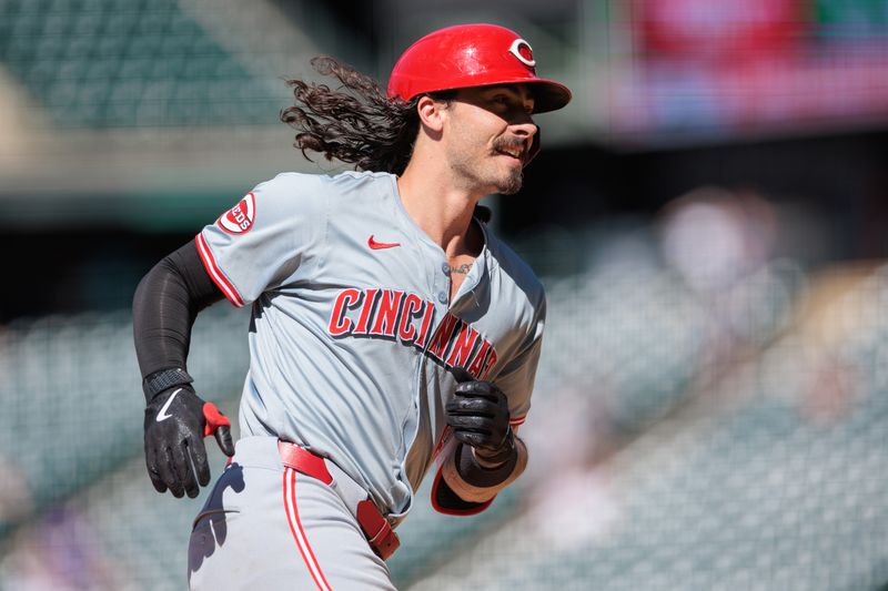 Jun 5, 2024; Denver, Colorado, USA; Cincinnati Reds second base Jonathan India (6) runs the bases after hitting a home run during the ninth inning against the Colorado Rockies at Coors Field. Mandatory Credit: Andrew Wevers-USA TODAY Sports