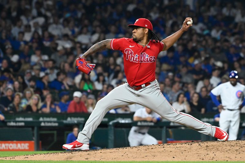Jun 29, 2023; Chicago, Illinois, USA;  Philadelphia Phillies relief pitcher Gregory Soto (30) delivers against the Chicago Cubs during the eighth inning at Wrigley Field. Mandatory Credit: Matt Marton-USA TODAY Sports