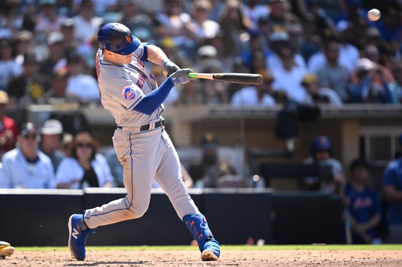 Jul 9, 2023; San Diego, California, USA; New York Mets left fielder Mark Canha (19) hits a two-RBI double against the San Diego Padres during the eighth inning at Petco Park. Mandatory Credit: Orlando Ramirez-USA TODAY Sports