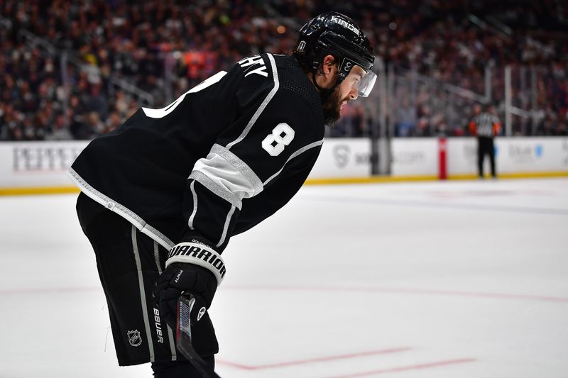 Apr 29, 2023; Los Angeles, California, USA; Los Angeles Kings defenseman Drew Doughty (8) reacts after Edmonton Oilers right wing Kailer Yamamoto (56) scores a goal during the third period in game six of the first round of the 2023 Stanley Cup Playoffs at Crypto.com Arena. Mandatory Credit: Gary A. Vasquez-USA TODAY Sports