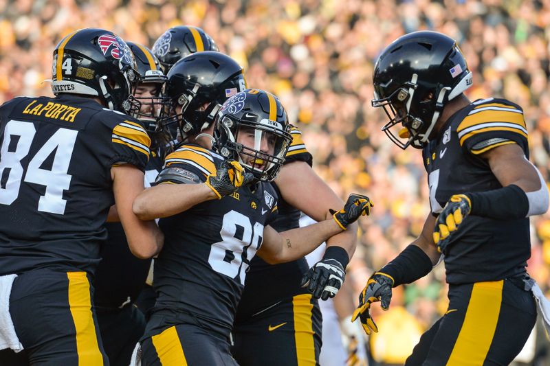 Nov 16, 2019; Iowa City, IA, USA; Iowa Hawkeyes wide receiver Nico Ragaini (89) reacts with tight end Sam LaPorta (84) and teammates after he scores on a 21 yard touchdown reception from Iowa Hawkeyes quarterback Nate Stanley (not pictured) during the first quarter against the Minnesota Golden Gophers at Kinnick Stadium. Mandatory Credit: Jeffrey Becker-USA TODAY Sports