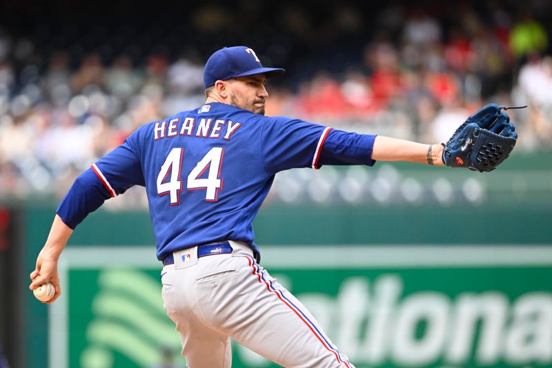 Jul 8, 2023; Washington, District of Columbia, USA; Texas Rangers starting pitcher Andrew Heaney (44) throws to the Washington Nationals during the first inning at Nationals Park. Mandatory Credit: Brad Mills-USA TODAY Sports