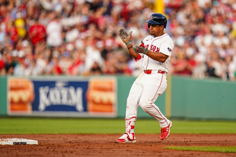 Jun 13, 2024; Boston, Massachusetts, USA; iBoston Red Sox second baseman Enmanuel Valdez (47) reacts after hitting a double against the Boston Red Sox n the second inning at Fenway Park. Mandatory Credit: David Butler II-USA TODAY Sports