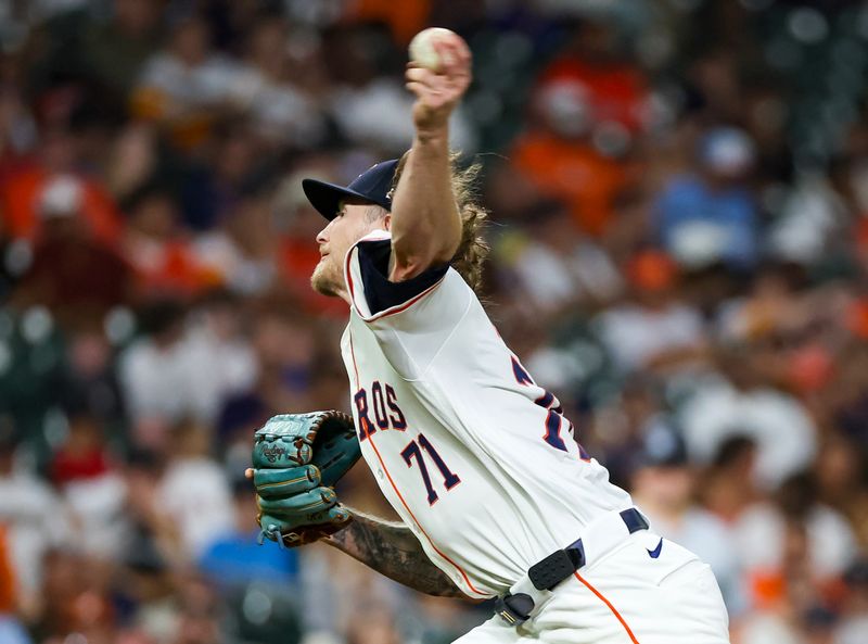 Jul 9, 2024; Houston, Texas, USA;  Houston Astros relief pitcher Josh Hader (71) pitches against the Miami Marlins in the ninth inning at Minute Maid Park. Mandatory Credit: Thomas Shea-USA TODAY Sports