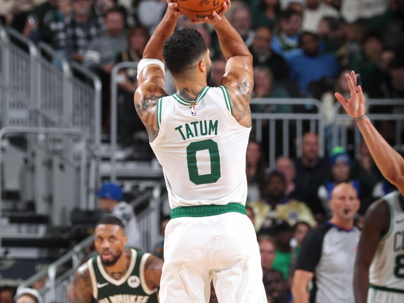 MILWAUKEE, WI - NOVEMBER 10: Jayson Tatum #0 of the Boston Celtics shoots the ball during the game against the Milwaukee Bucks on November 10, 2024 at the Fiserv Forum Center in Milwaukee, Wisconsin. NOTE TO USER: User expressly acknowledges and agrees that, by downloading and or using this Photograph, user is consenting to the terms and conditions of the Getty Images License Agreement. Mandatory Copyright Notice: Copyright 2024 NBAE (Photo by Gary Dineen/NBAE via Getty Images).