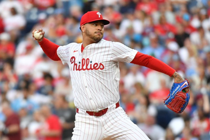 May 22, 2024; Philadelphia, Pennsylvania, USA; Philadelphia Phillies pitcher Taijuan Walker (99) throws a pitch during the second inning against the Texas Rangers at Citizens Bank Park. Mandatory Credit: Eric Hartline-USA TODAY Sports