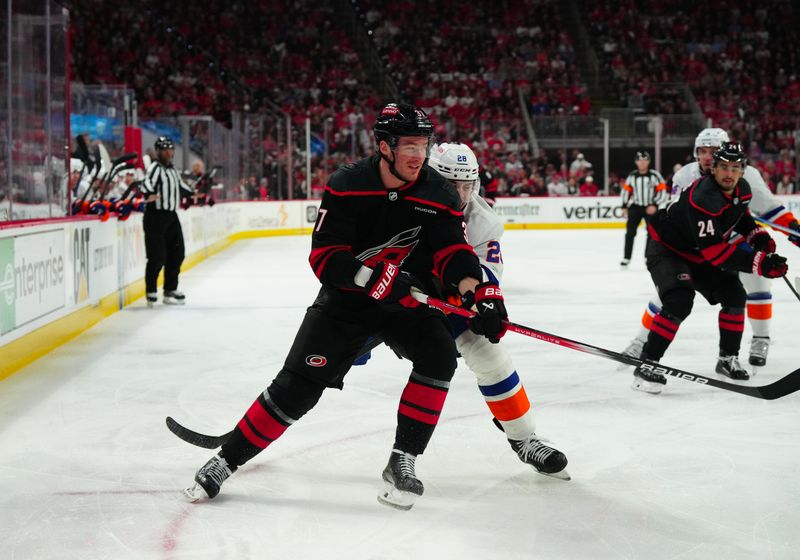 Apr 30, 2024; Raleigh, North Carolina, USA; Carolina Hurricanes right wing Andrei Svechnikov (37) scores a goal against the New York Islanders during the first period in game five of the first round of the 2024 Stanley Cup Playoffs at PNC Arena. Mandatory Credit: James Guillory-USA TODAY Sports