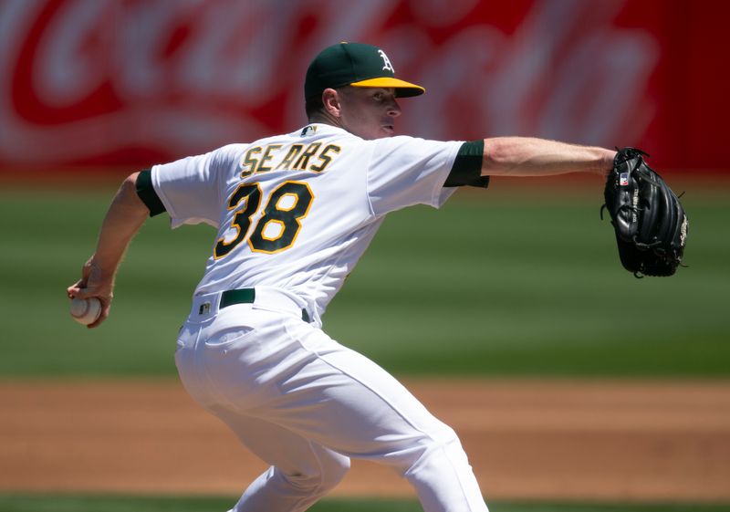 Aug 20, 2023; Oakland, California, USA; Oakland Athletics starting pitcher JP Sears (38) delivers a pitch against the Baltimore Orioles during the second inning at Oakland-Alameda County Coliseum. Mandatory Credit: D. Ross Cameron-USA TODAY Sports