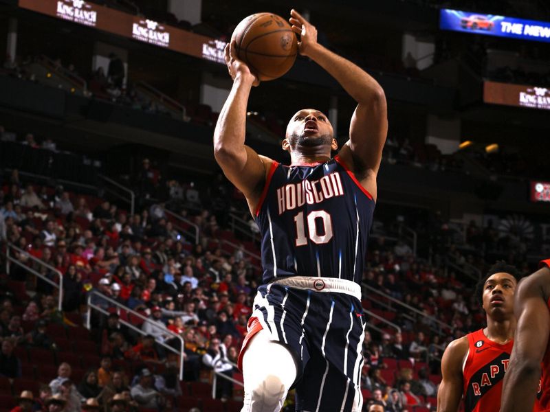 HOUSTON, TX - FEBRUARY 3: Eric Gordon #10 of the Houston Rockets drives to the basket during the game against the Toronto Raptors on February 3, 2023 at the Toyota Center in Houston, Texas. NOTE TO USER: User expressly acknowledges and agrees that, by downloading and or using this photograph, User is consenting to the terms and conditions of the Getty Images License Agreement. Mandatory Copyright Notice: Copyright 2023 NBAE (Photo by Logan Riely/NBAE via Getty Images)