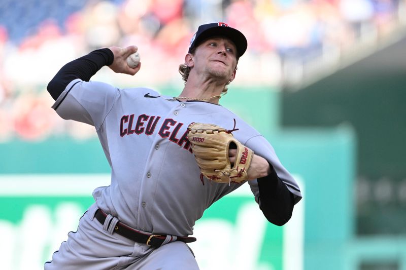 Apr 15, 2023; Washington, District of Columbia, USA; Cleveland Guardians starting pitcher Zach Plesac (34) throws to the Washington Nationals during the first inning at Nationals Park. Mandatory Credit: Brad Mills-USA TODAY Sports