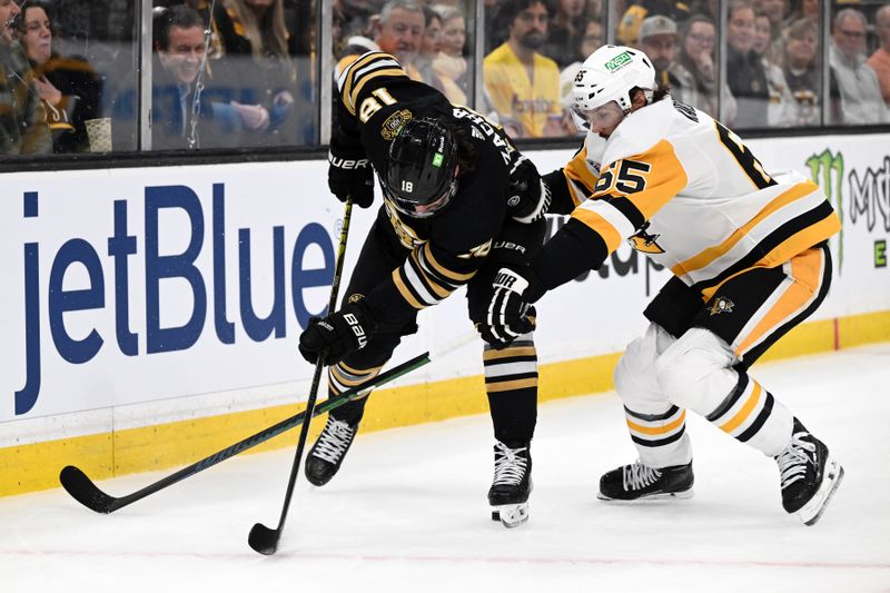 Mar 9, 2024; Boston, Massachusetts, USA; Pittsburgh Penguins center Noel Acciari (55) defends Boston Bruins center Pavel Zacha (18) during the first period at the TD Garden. Mandatory Credit: Brian Fluharty-USA TODAY Sports