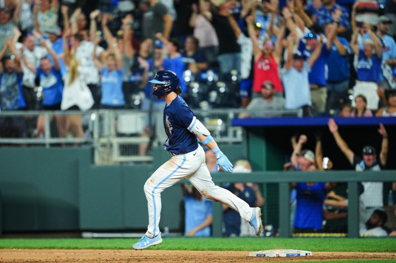 Jul 28, 2023; Kansas City, Missouri, USA; Kansas City Royals shortstop Bobby Witt Jr. (7) rounds the bases after hitting a walk-off grand slam against the Minnesota Twins during the tenth inning at Kauffman Stadium. Mandatory Credit: Jay Biggerstaff-USA TODAY Sports