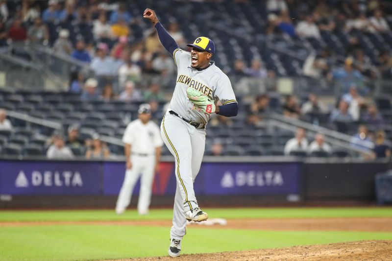 Sep 8, 2023; Bronx, New York, USA;  Milwaukee Brewers relief pitcher Thyago Vieira (54) celebrates after defeating the New York Yankees 8-2 at Yankee Stadium. Mandatory Credit: Wendell Cruz-USA TODAY Sports