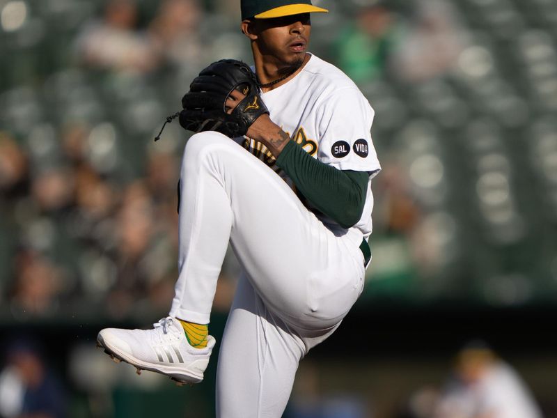 Jun 14, 2023; Oakland, California, USA;  Oakland Athletics starting pitcher Luis Medina (46) pitches against the Tampa Bay Rays during the first inning at Oakland-Alameda County Coliseum. Mandatory Credit: Stan Szeto-USA TODAY Sports