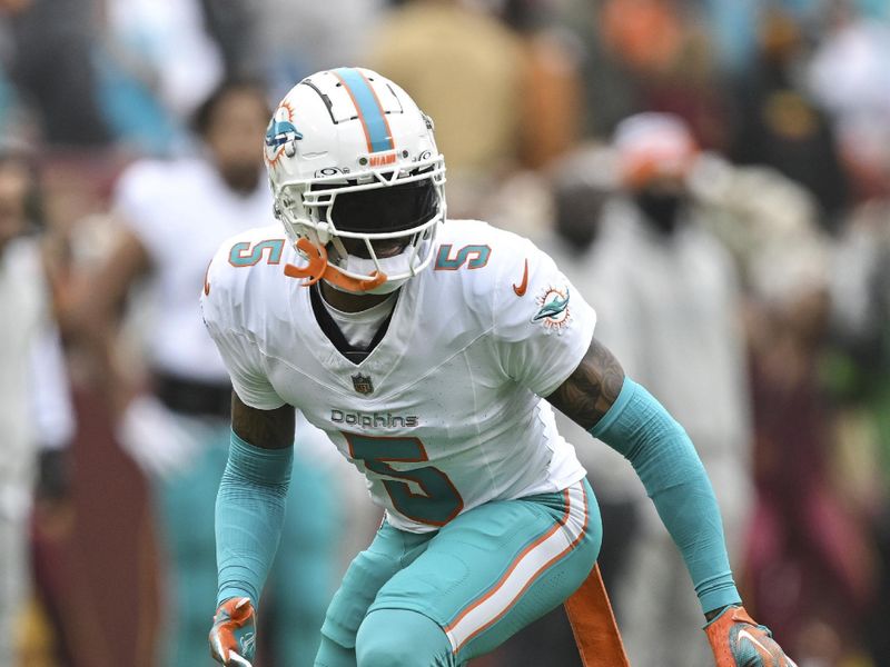 Miami Dolphins cornerback Jalen Ramsey (5) in action during the first half of an NFL football game against the Washington Commanders, Sunday, Dec. 2, 2023, in Landover, Md. (AP Photo/Terrance Williams)