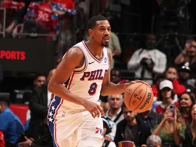 MIAMI, FL - DECEMBER 25:  De'Anthony Melton #8 of the Philadelphia 76ers handles the ball during the game  on December 25, 2023 at Kaseya Center Arena in Miami, Florida. NOTE TO USER: User expressly acknowledges and agrees that, by downloading and or using this Photograph, user is consenting to the terms and conditions of the Getty Images License Agreement. Mandatory Copyright Notice: Copyright 2023 NBAE (Photo by Issac Baldizon/NBAE via Getty Images)