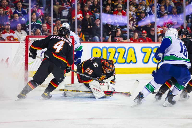 Dec 2, 2023; Calgary, Alberta, CAN; Calgary Flames goaltender Jacob Markstrom (25) makes a save against Vancouver Canucks right wing Ilya Mikheyev (65) during the third period at Scotiabank Saddledome. Mandatory Credit: Sergei Belski-USA TODAY Sports