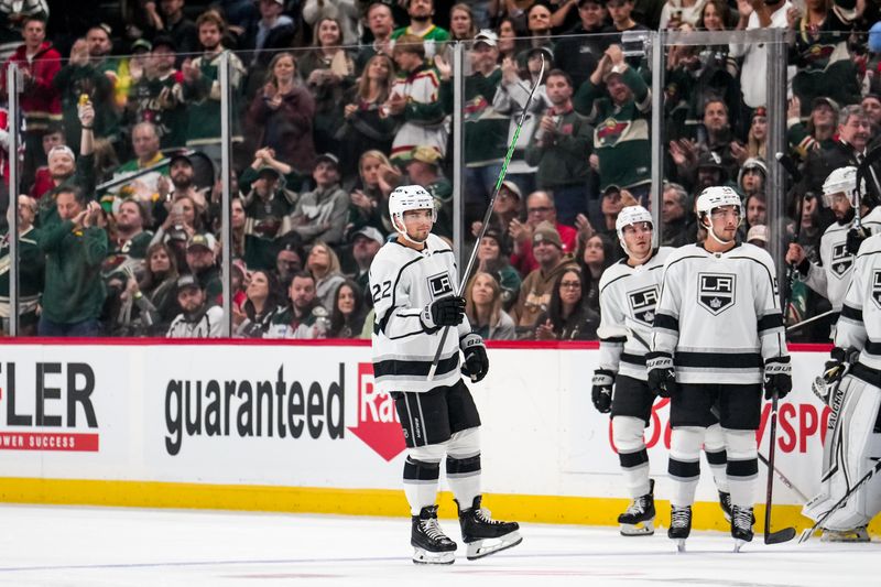 Oct 15, 2022; Saint Paul, Minnesota, USA; Los Angeles Kings left wing Kevin Fiala (22) acknowledges the fans during the first period against the Minnesota Wild at Xcel Energy Center. Mandatory Credit: Brace Hemmelgarn-USA TODAY Sports