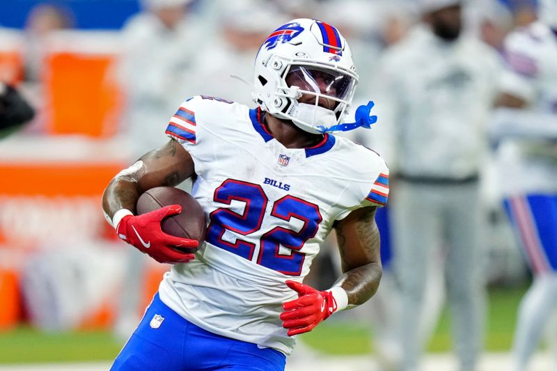 Buffalo Bills running back Ray Davis (22) warms up before an NFL football game against the Indianapolis Colts, Sunday, Nov. 10, 2024, in Indianapolis. (AP Photo/AJ Mast)