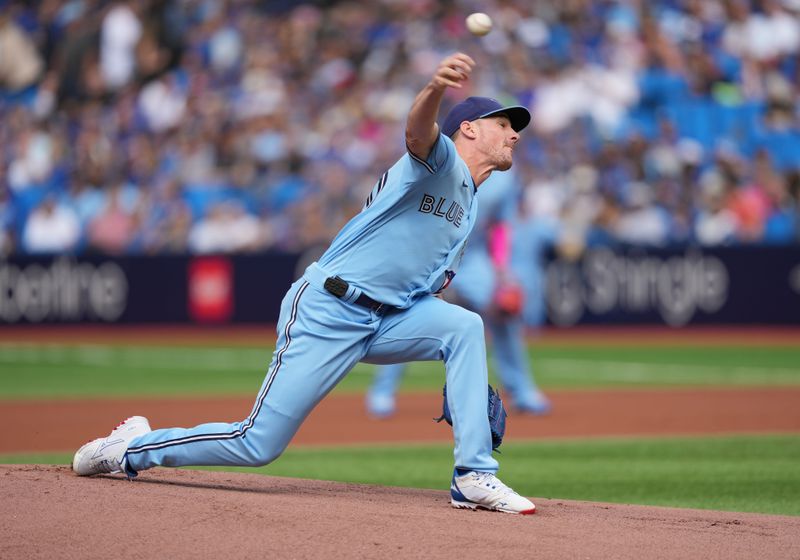 Aug 30, 2023; Toronto, Ontario, CAN; Toronto Blue Jays starting pitcher Chris Bassitt (40) throws a pitch against the Washington Nationals during the first inning at Rogers Centre. Mandatory Credit: Nick Turchiaro-USA TODAY Sports