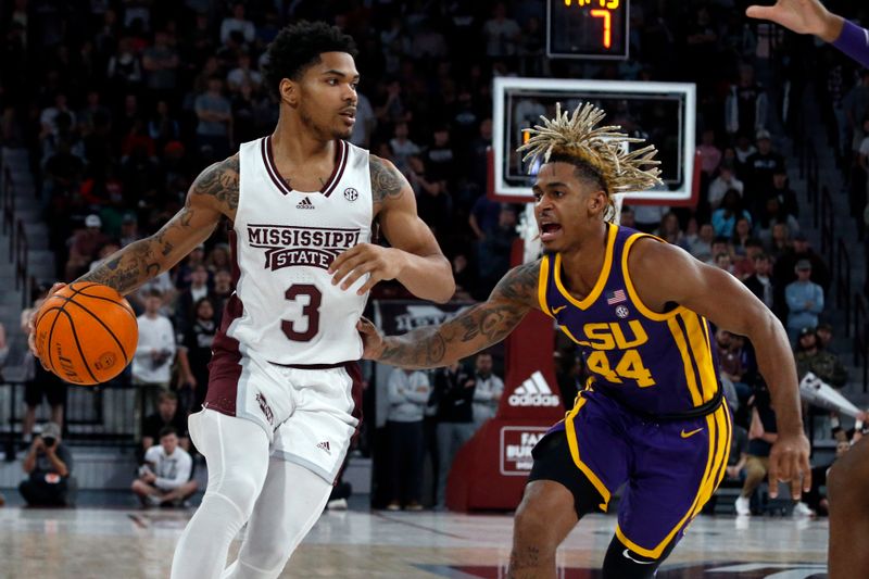 Feb 8, 2023; Starkville, Mississippi, USA; Mississippi State Bulldogs guard Shakeel Moore (3) dribbles as LSU Tigers guard Adam Miller (44) defends during the first half at Humphrey Coliseum. Mandatory Credit: Petre Thomas-USA TODAY Sports