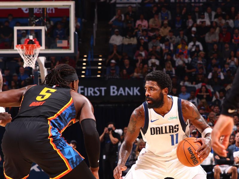 OKLAHOMA CITY, OK - NOVEMBER 17: Kyrie Irving #11 of the Dallas Mavericks dribbles the ball during the game against the Oklahoma City Thunder on November 17, 2024 at Paycom Center in Oklahoma City, Oklahoma. NOTE TO USER: User expressly acknowledges and agrees that, by downloading and or using this photograph, User is consenting to the terms and conditions of the Getty Images License Agreement. Mandatory Copyright Notice: Copyright 2024 NBAE (Photo by Zach Beeker/NBAE via Getty Images)