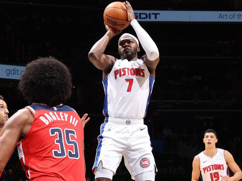 WASHINGTON, DC -? NOVEMBER 17: Paul Reed #7 of the Detroit Pistons shoots the ball during the game against the Washington Wizards on November 17, 2024 at Capital One Arena in Washington, DC. NOTE TO USER: User expressly acknowledges and agrees that, by downloading and or using this Photograph, user is consenting to the terms and conditions of the Getty Images License Agreement. Mandatory Copyright Notice: Copyright 2024 NBAE (Photo by Stephen Gosling/NBAE via Getty Images)