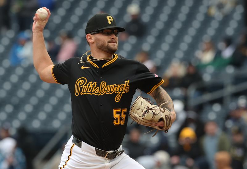 Apr 6, 2025; Pittsburgh, Pennsylvania, USA;  Pittsburgh Pirates relief pitcher Chase Shugart (55) pitches against the New York Yankees during the ninth inning at PNC Park. Mandatory Credit: Charles LeClaire-Imagn Images