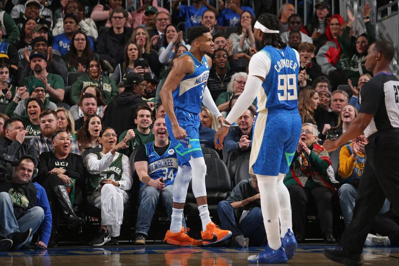 MILWAUKEE, WI - MARCH 21: Giannis Antetokounmpo #34 of the Milwaukee Bucks celebrates during the game against the Brooklyn Nets on March 21, 2024 at the Fiserv Forum Center in Milwaukee, Wisconsin. NOTE TO USER: User expressly acknowledges and agrees that, by downloading and or using this Photograph, user is consenting to the terms and conditions of the Getty Images License Agreement. Mandatory Copyright Notice: Copyright 2024 NBAE (Photo by Gary Dineen/NBAE via Getty Images).