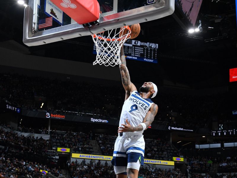 SAN ANTONIO, TX - NOVEMBER 2: Nickeil Alexander-Walker #9 of the Minnesota Timberwolves drives to the basket during the game against the San Antonio Spurs on November 2, 2024 at the Frost Bank Center in San Antonio, Texas. NOTE TO USER: User expressly acknowledges and agrees that, by downloading and or using this photograph, user is consenting to the terms and conditions of the Getty Images License Agreement. Mandatory Copyright Notice: Copyright 2024 NBAE (Photos by Michael Gonzales/NBAE via Getty Images)