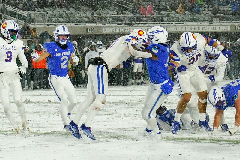 Oct 28, 2023; Fort Collins, Colorado, USA;  Air Force Falcons fullback Emmanuel Michel (4) scores a touchdown against the Colorado State Rams at Sonny Lubick Field at Canvas Stadium. Mandatory Credit: Michael Madrid-USA TODAY Sports