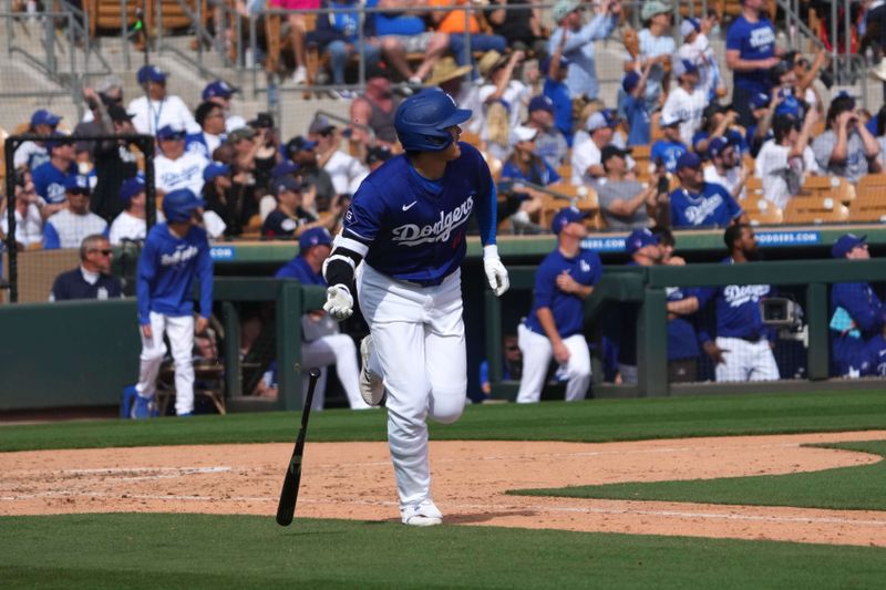 Feb 27, 2024; Phoenix, Arizona, USA; Los Angeles Dodgers designated hitter Shohei Ohtani (17) hits a two run home run during the fifth inning against the Chicago White Sox at Camelback Ranch-Glendale. Mandatory Credit: Joe Camporeale-USA TODAY Sports