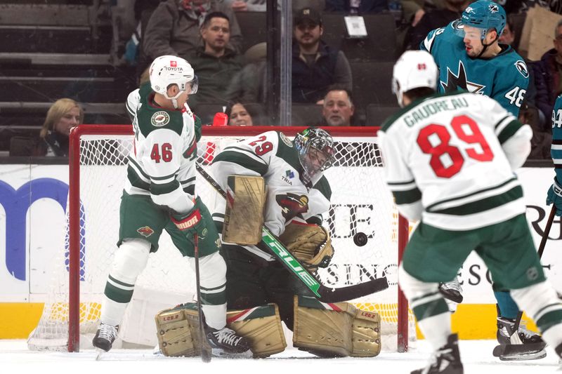 Mar 11, 2023; San Jose, California, USA; Minnesota Wild goaltender Marc-Andre Fleury (29) makes a save against the San Jose Sharks during the first period at SAP Center at San Jose. Mandatory Credit: Darren Yamashita-USA TODAY Sports