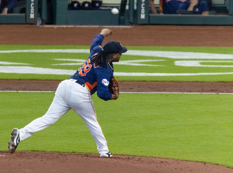 May 3, 2023; Houston, Texas, USA;  Houston Astros starting pitcher Framber Valdez (59) throws against the San Francisco Giants in the fifth inning at Minute Maid Park. Mandatory Credit: Thomas Shea-USA TODAY Sports