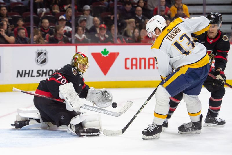 Jan 29, 2024; Ottawa, Ontario, CAN; Ottawa Senators goalie Joonas Korpisalo (70) makes a save in front of Nashville Predators center Yakov Trenin (13) in the second period at the Canadian Tire Centre. Mandatory Credit: Marc DesRosiers-USA TODAY Sports