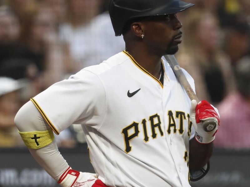 Jun 6, 2023; Pittsburgh, Pennsylvania, USA;  Pittsburgh Pirates designated hitter Andrew McCutchen (22) looks on from the on-deck circle against the Oakland Athletics during the fifth inning at PNC Park. Mandatory Credit: Charles LeClaire-USA TODAY Sports