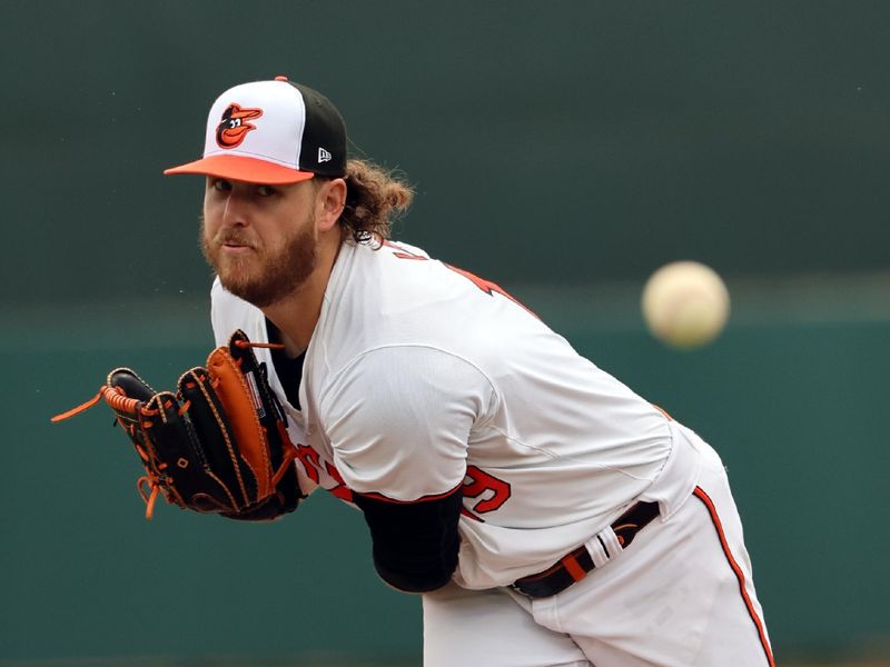 Mar 2, 2024; Sarasota, Florida, USA; Baltimore Orioles starting pitcher Cole Irvin (19) throws a pitch during the first inning against the New York Yankees at Ed Smith Stadium. Mandatory Credit: Kim Klement Neitzel-USA TODAY Sports