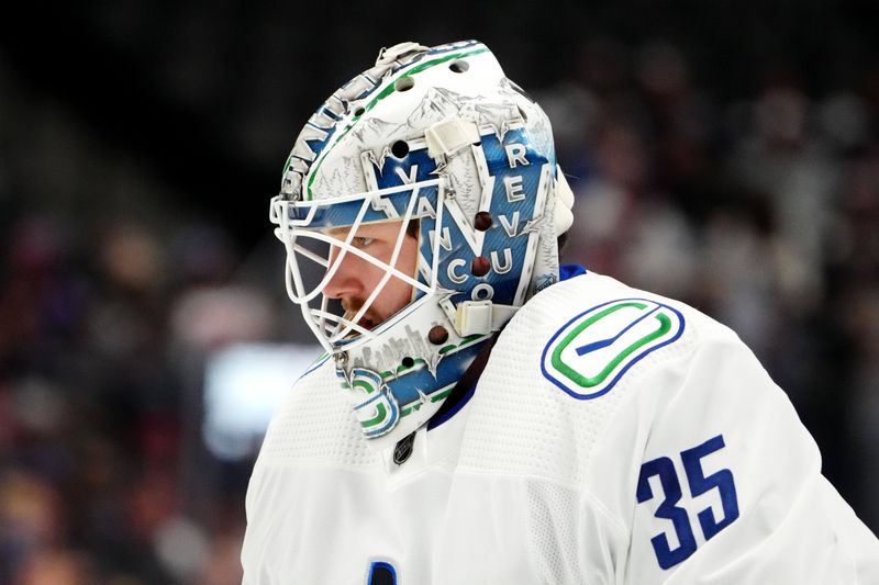 Nov 22, 2023; Denver, Colorado, USA; Vancouver Canucks goaltender Thatcher Demko (35) before the game Colorado Avalanche at Ball Arena. Mandatory Credit: Ron Chenoy-USA TODAY Sports