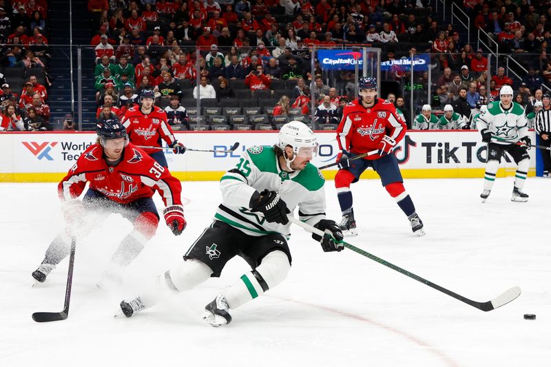 Oct 17, 2024; Washington, District of Columbia, USA; Dallas Stars center Matt Duchene (95) skates with the puck as Washington Capitals defenseman Rasmus Sandin (38) defends in the second period at Capital One Arena. Mandatory Credit: Geoff Burke-Imagn Images