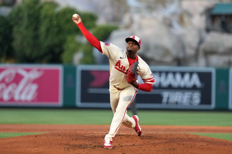 May 8, 2025; Anaheim, California, USA; Los Angeles Angels starting pitcher Jose Soriano (59) throws in the first inning against the Toronto Blue Jays at Angel Stadium. Mandatory Credit: Kirby Lee-Imagn Images