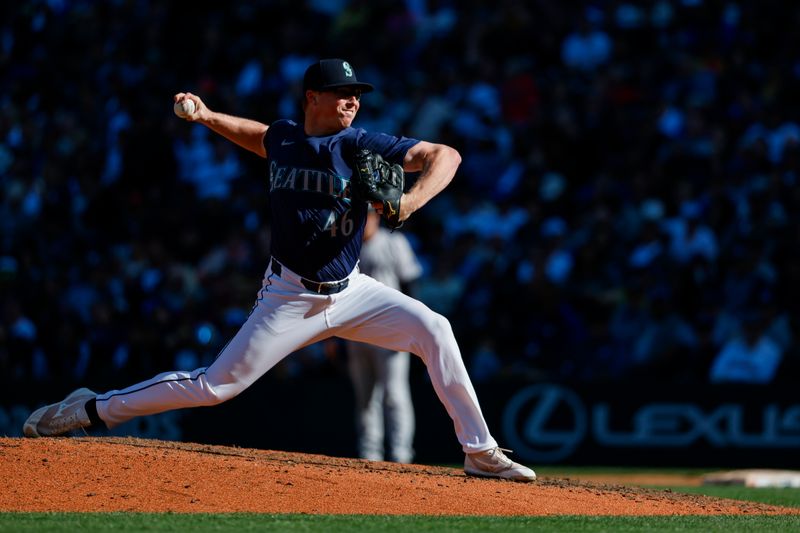 Sep 19, 2024; Seattle, Washington, USA; Seattle Mariners relief pitcher Trent Thornton (46) throws against the New York Yankees during the eighth inning at T-Mobile Park. Mandatory Credit: Joe Nicholson-Imagn Images