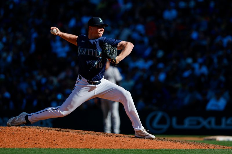 Sep 19, 2024; Seattle, Washington, USA; Seattle Mariners relief pitcher Trent Thornton (46) throws against the New York Yankees during the eighth inning at T-Mobile Park. Mandatory Credit: Joe Nicholson-Imagn Images