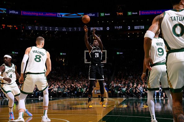 BOSTON, MA - NOVEMBER 10: Dorian Finney-Smith #28 of the Brooklyn Nets shoots a three point basket during the game against the Boston Celtics during the In-Season Tournament on November 10, 2023 at the TD Garden in Boston, Massachusetts. NOTE TO USER: User expressly acknowledges and agrees that, by downloading and or using this photograph, User is consenting to the terms and conditions of the Getty Images License Agreement. Mandatory Copyright Notice: Copyright 2023 NBAE  (Photo by Brian Babineau/NBAE via Getty Images)