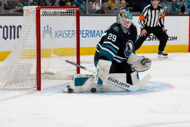 Feb 19, 2024; San Jose, California, USA; San Jose Sharks goalie Mackenzie Blackwood (29) makes a save against the Vegas Golden Knights during the first period at SAP Center at San Jose. Mandatory Credit: Neville E. Guard-USA TODAY Sports