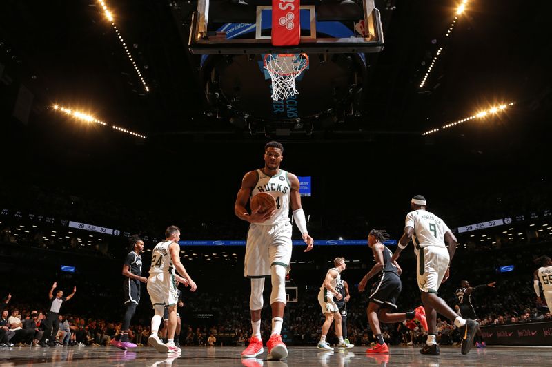 BROOKLYN, NY - OCTOBER 27: Giannis Antetokounmpo #34 of the Milwaukee Bucks looks on during the game against the Brooklyn Nets on October 27, 2024 at Barclays Center in Brooklyn, New York. NOTE TO USER: User expressly acknowledges and agrees that, by downloading and or using this Photograph, user is consenting to the terms and conditions of the Getty Images License Agreement. Mandatory Copyright Notice: Copyright 2024 NBAE (Photo by Nathaniel S. Butler/NBAE via Getty Images)