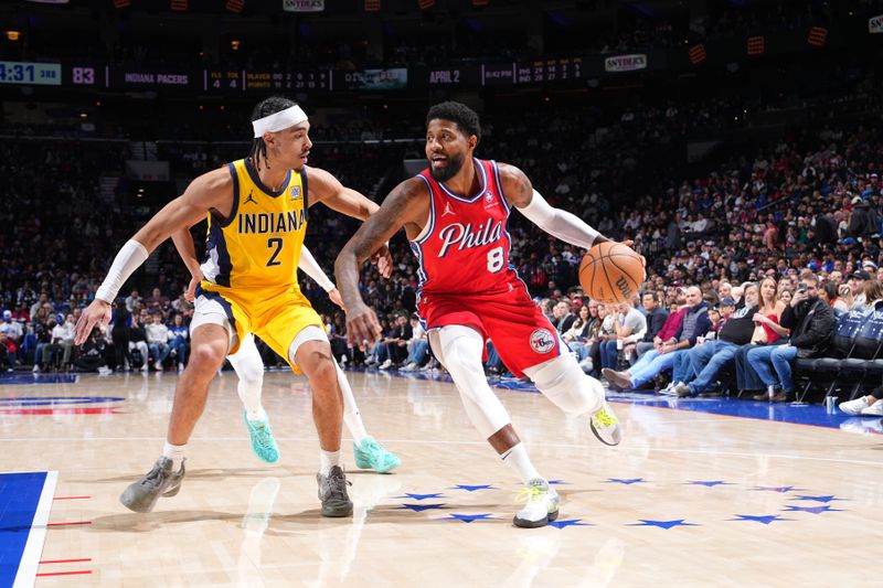 PHILADELPHIA, PA - DECEMBER 13: Paul George #8 of the Philadelphia 76ers drives to the basket during the game against the Indiana Pacers on December 13, 2024 at the Wells Fargo Center in Philadelphia, Pennsylvania NOTE TO USER: User expressly acknowledges and agrees that, by downloading and/or using this Photograph, user is consenting to the terms and conditions of the Getty Images License Agreement. Mandatory Copyright Notice: Copyright 2024 NBAE (Photo by Jesse D. Garrabrant/NBAE via Getty Images)