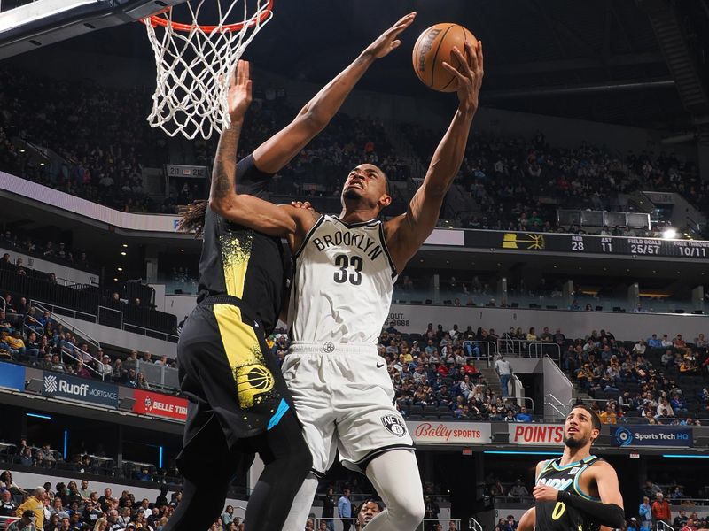 INDIANAPOLIS, IN - MARCH 16: Nicolas Claxton #33 of the Brooklyn Nets shoots the ball during the game against the Indiana Pacers on March 16, 2024 at Gainbridge Fieldhouse in Indianapolis, Indiana. NOTE TO USER: User expressly acknowledges and agrees that, by downloading and or using this Photograph, user is consenting to the terms and conditions of the Getty Images License Agreement. Mandatory Copyright Notice: Copyright 2024 NBAE (Photo by Ron Hoskins/NBAE via Getty Images)